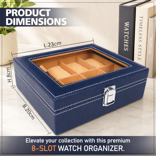 Image of LEDO Luxury Watch Box Organizer with 8 Slots, PU Leather Case, Blue and Cream Interior, Transparent Display, Metal Clasp Lock, Rectangular Storage for Men and Women