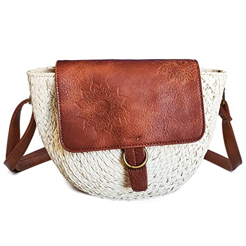 Bolso Bandolera de Paja - Bolso Rafia Mujer con Detalles en Dorado - Bolso Bandolera Verano - Estilo Casual- Bandolera de rafia con un aspecto simple pero elegante (Beige) Cover