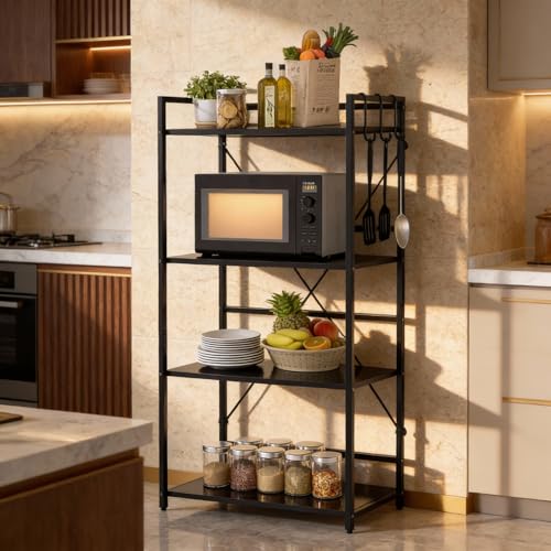 Image of wow craft Heavy Duty 4-Tier Metal Storage Rack (Black) | Multipurpose Shelf for Microwave, Kitchen, Bathroom & Home Organization | Space Saving Steel Organizer (40D x 64W x 132H cm)