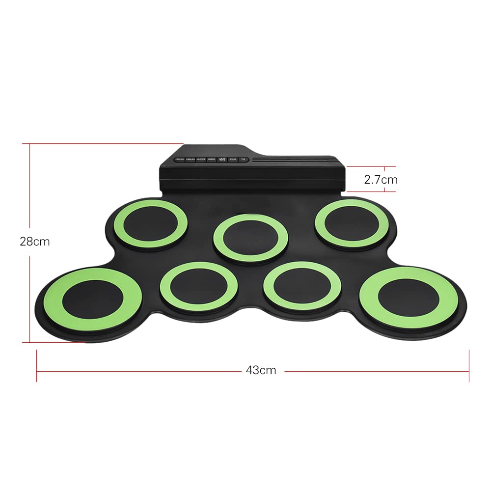 7 Pads Roll Up Electric Drum Pad Set, Portable USB Rechargeable Drum with Drumsticks Foot Pedals 3.5mm Audio Cable for Practice Beginners Kids (Green)