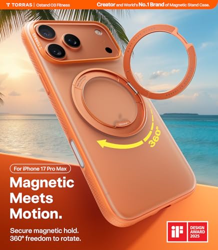 Image of TORRAS 360 Magnetic Stand for iPhone 17 Pro Max Case, Fit for MagSafe, 4X Military-Grade Protection, Slim Case for iPhone 17 Pro Max 6.9 inch, Translucent Cosmic Orange, Ostand O3 Fitness Series