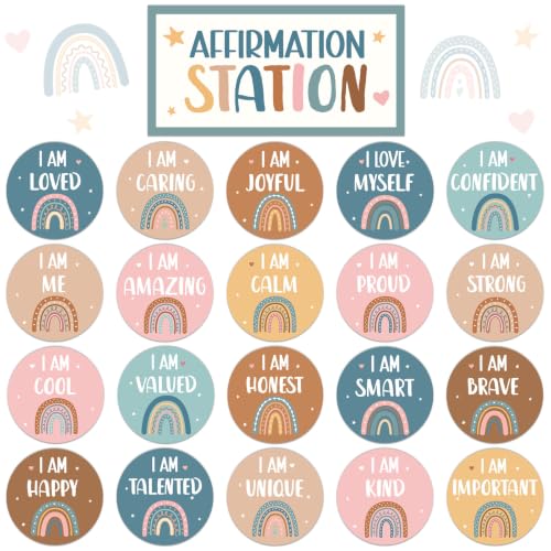 Image of BOHO Affirmation Station Bulletin Board Set Rainbow Positive Bulletin Board for Classroom Mirror Growth Mindset Decoration Inspirational Motivational Accent Cutouts for Home School Teacher Wall Supply