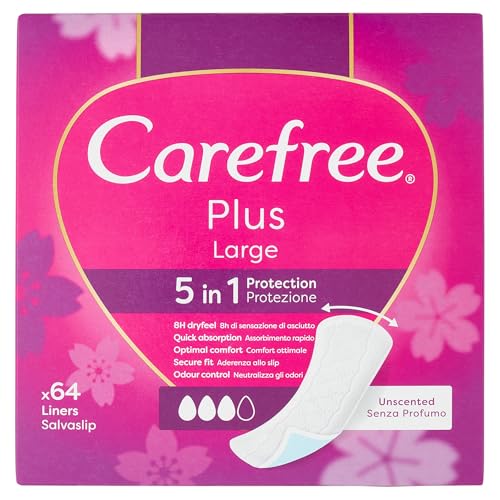 Carefree Salvaslips Plus Large sin perfume, Salva slip mujer extra ancho con protección 5 en 1 para 8 h de sensación de seco, absorbentes sin perfume ultrafinos para uso diario, 64 compresas