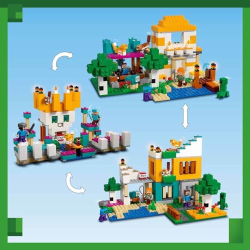 Image of LEGO 21249 Minecraft The Crafting Box 4.0, 2-in-1 Set for Building, Towers on the River or Cat Hut, with Alex, Steve, Creeper and Zombie Mobs, Action Toy for Children, Boys and Girls