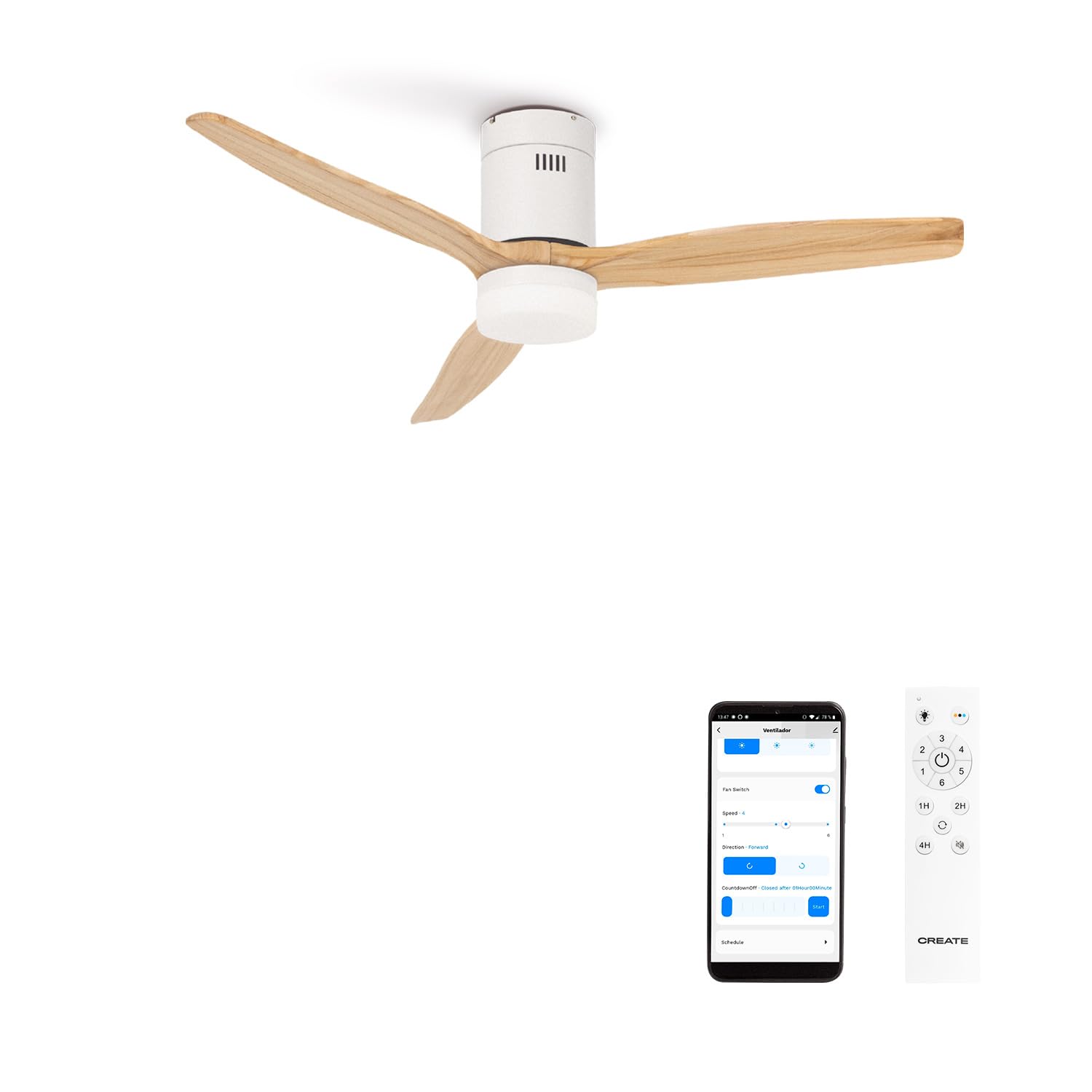 CREATE / WINDCALM S/Ventilador de techo ABS con luz blanco aspas efecto madera clara con Wifi y mando / 40W, Silencioso, Ø112 cm, 6 velocidades, 3 temperaturas de luz, función verano-invierno
