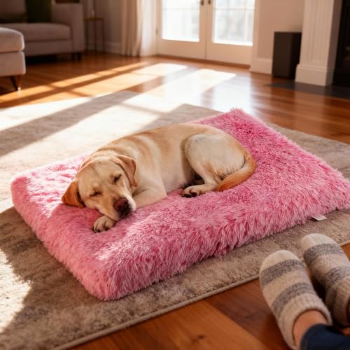 Image of Orthopedic Memory Foam Dog Bed Medium Size Crate Pad 35 x 22 Inch Pink | Dual-layer support with removable washable plush cover waterproof liner nonslip base for kennel car and home use up to 60 lb