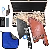 XYJ 8 Inch Meat Cleaver with Leather Sheath, Wooden Box, High Carbon Steel, Full Tang, Serbian Chef Knife, Vegetable Cutting Knives for Outdoor Camping, Wood Handle