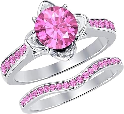 Created Real 925 Sterling Silver 14K White Gold Plated Round Cut Pink Sapphire Gemstone Beautiful Halo Style Bridal Ring Set Jewelry Christmas Gifts for Women (10.5)