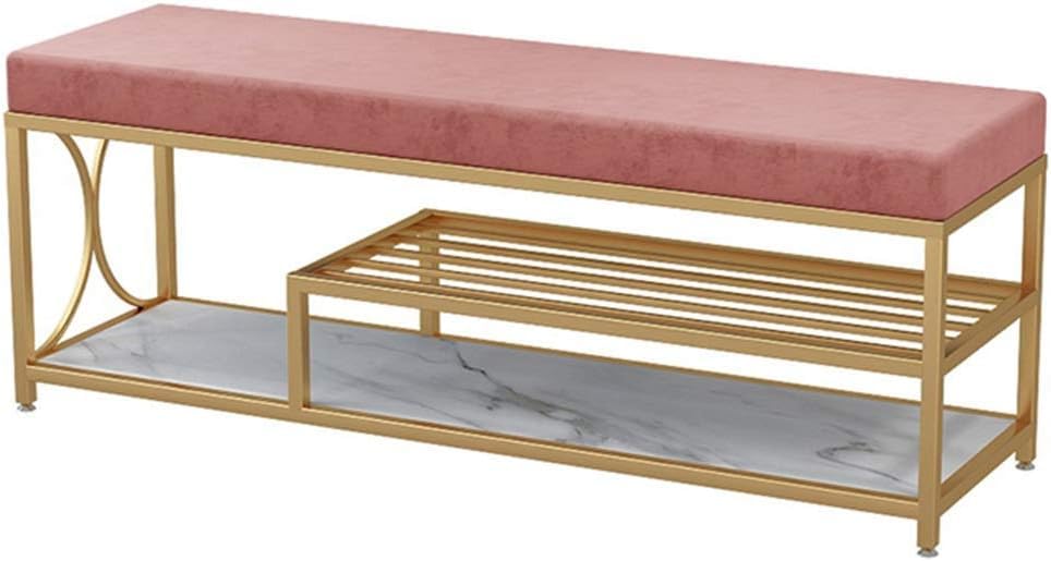 Tabouret de rangement pratique en métal rose double siège pour entrée et chambre