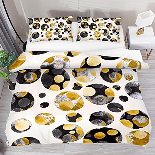 Watercolor Gold Black Polka Dot Abstract 3 Piece Duvet Cover Sets, Breathable Comforter Cover with Zipper Closure, Ultra Soft Tencel Bedding Set for Teen Girls Boys Women Men