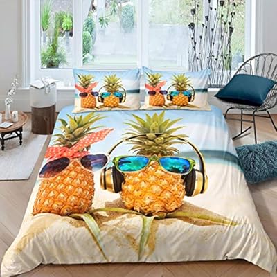 Tropical Fruit Bedding Set 3pcs for Kids Boys Teens Two Pineapples on Beach Printed Comforter Cover Microbifer Polyester Duvet Cover Set (1 Duvet Cover + 2 Pillow Cases),Full Size 51ffCk3cjuL. SS400