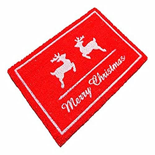 Image of Onlymat Christmas Coir Doormat With Non-Slip PVC Backing for Gateway, Entryway, Outdoor, Indoor, Patio - Durable and Large, Weatherproof Multicolour, Merry Christmas and Reindeer Printed Rug (60cm x 1.5cm x 40 cm)