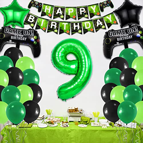 9Th Video Game Birthday Party Set Include Happy Birthday Banner Video Game Balloons Controller Balloons Green Black Stars Aluminum Foil Balloons Kit Decorations… #TOP6