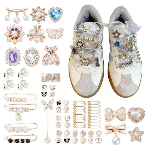 onnuto Elegant Shoe Charms for Sneakers - Jewelry Pins Set for Girls, Junk Socks Charms Kit with Shoelace in Gold and Silver 66 Pcs