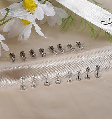 Staligue 8 Pairs Titanium Surgical Steel Earrings for Women Men Hypoallergenic Flat Back Stud Earrings for Sensitive Ears 20 Gauge Surgical Steel Cartilage Earring Opal CZ Pearl Small Nap Sleeper Earrings4