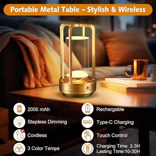 Image of Portable Table Lamp for Outdoor Indoor: Cordless Rechargeable Desk Lamp with 3 Color Stepless Dimmable - Metal Battery Operated Lantern Light for Bedroom /Bar /Coffee Shop /Camping (Gold (2 Pack))
