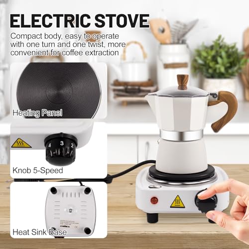 DITOSH 7-in-1 Moka Pot Espresso Set with Electric Stove 3 Cup Aluminum Stovetop Coffee Maker Percolator Italian Classic Mocha Coffee Machine with Hand Grinder Sealing Canister Spoon Portable Camping