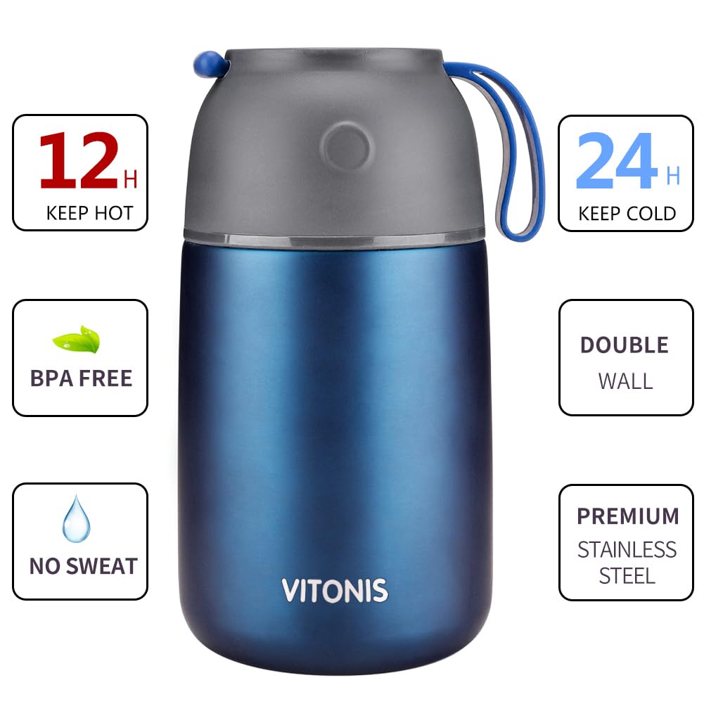 Recipiente térmico para alimentos, 500 ml y 700 ml, de acero inoxidable, con cuchara plegable, 2 recipientes aislantes, azul