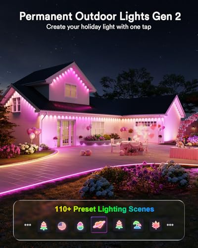 Lumary Permanent Outdoor Lights 2 with Remote, Slide-Base, 100ft with 60 RGBAICW LEDs for House Daily & Accent Lighting, 110+ Scene Modes for