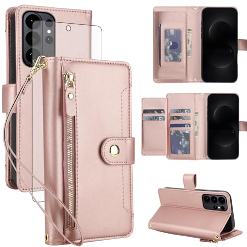 Étui Samsung S26 Ultra en cuir à fleurs avec porte-carte RFID et protège-écran