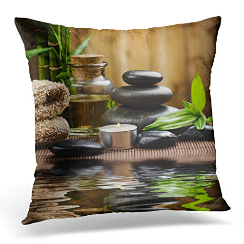 Topyee Housse de coussin verte Ayurveda Zen Pierres de basalte et bois d'huile de spa 45 x 45 cm Décoration d'intérieur Taie d'oreiller carrée pour lit canapé
