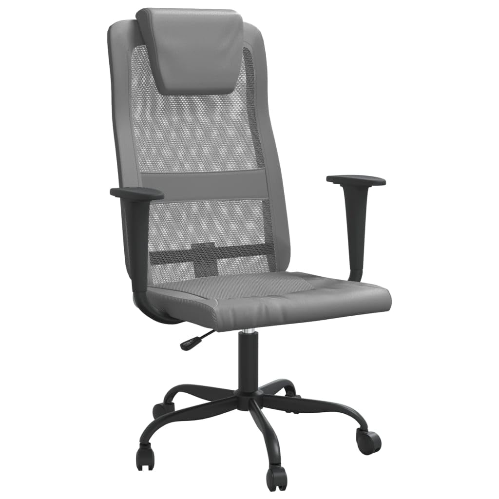 Silla de escritorio ergonómica gris con respaldo de malla y ruedas, silla de oficina regulable en altura con malla transpirable y piel sintética, giratoria y robusta para el lugar de trabajo