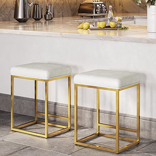 Belleze 24" Backless Bar Stools Set Of 2, Counter Height Barstools, Modern Upholstered Pu Leather Counter Stools With Metal Base Kitchen Island Chairs Dining Chair, White & Gold #TOP11
