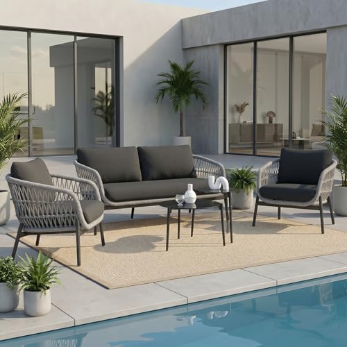 Image of Amazon Brand - Solimo Outdoor 4 Seater Sofa Set | Balcony Sofa | Patio Furniture Sets | Conversation Sets | Braid & Rope Garden 4 Seater Sofa Set with Center Table (Grey-Black)