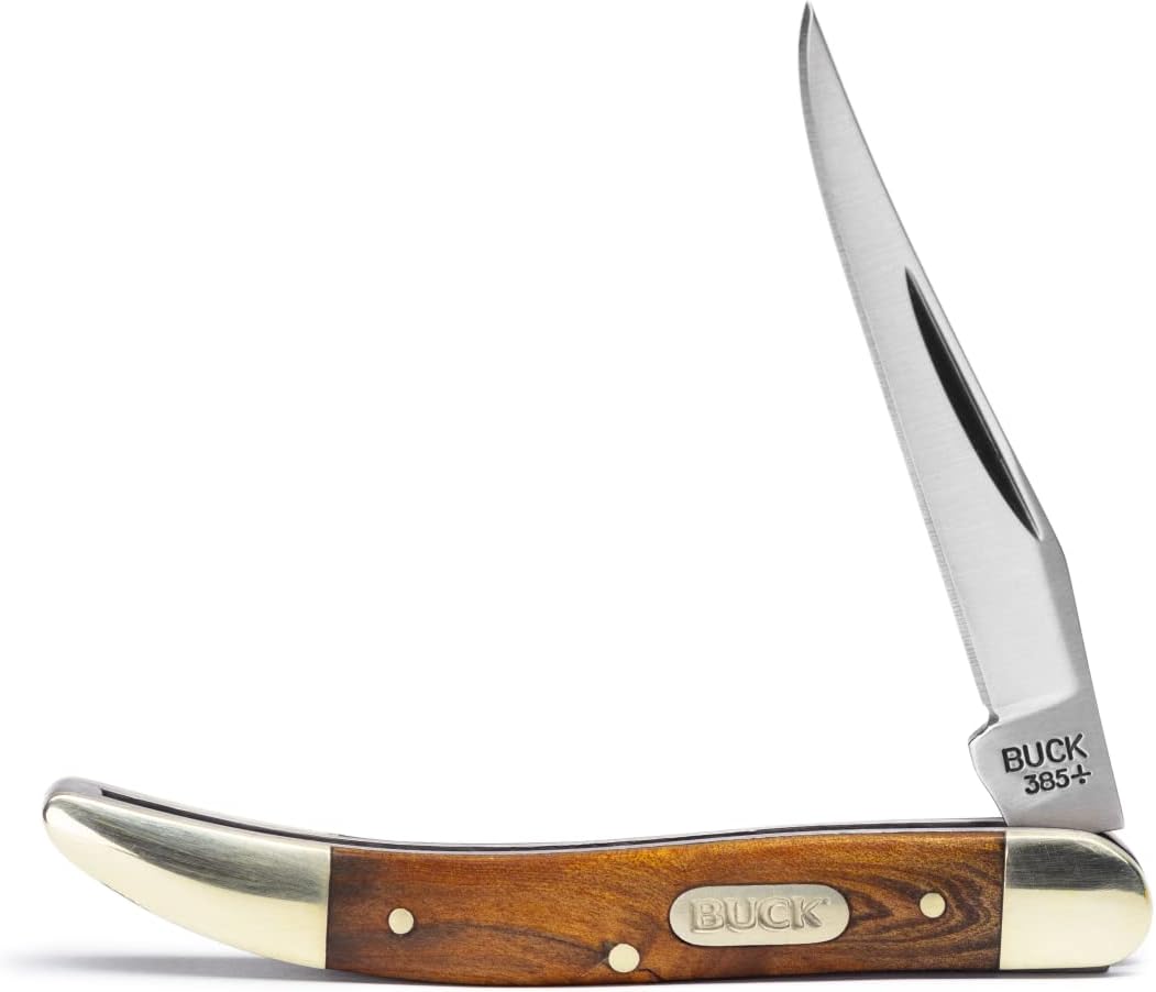 Buck Knives 385 Toothpick Single-Blade Folding Pocket Knife, Burlwood Inlay Handle with Nickel Silver Bolsters, 420J2 Steel Modified Clip Blade, EDC Pocket Knife, 0.8 oz