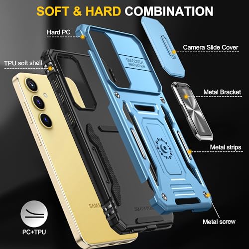 Image of Polycarbonate Slide Camera Cover with Ring Holder Mobile Phone Back Cover for Samsung Galaxy S24 Plus /S24+ (Blue)
