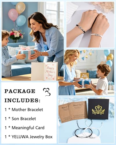 Image of YELUWA 2 Pcs Mother Daughter /Son Bracelets, Mothers Day Gifts, Back to School Gift, First Day of School Gifts, Lovely Charm Bracelets Set Mommy and Me Jewelry with Gift Box Wish Card