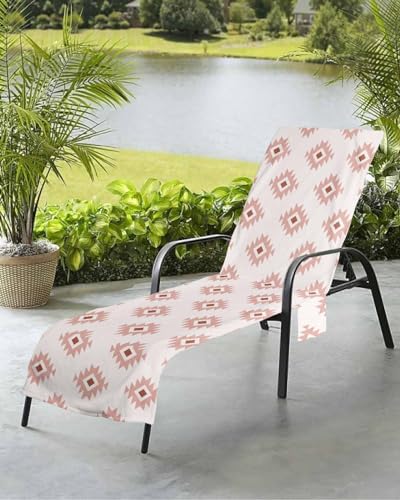 Beach Pool Patio Lounge Chaise Chair Cover Towel with Pockets,Pink Geometric Absorbent & Quick Dry Microfiber Towel Cover Bag Summer Travel Accessories Aztec Boho Moroccan Morocco Bohemian