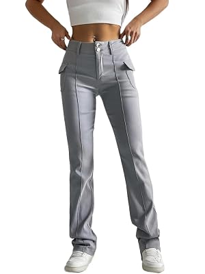 Womens Fall Pocket Side Pants Trousers Gray