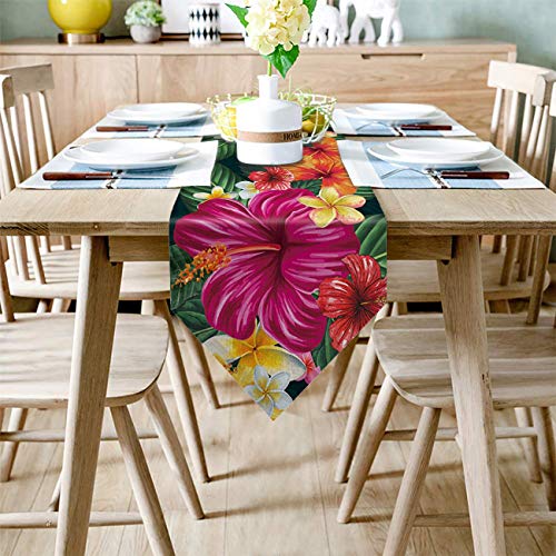 Bedsweet Linen Burlap Table Runner Dresser Scarves For Dining Room Tropical Leaf Flowers Hibiscus Plumeria Floral Plant Theme Table Runners For Farmhouse Kitchen,Machine Washable 13 X 90 Inch #TOP1