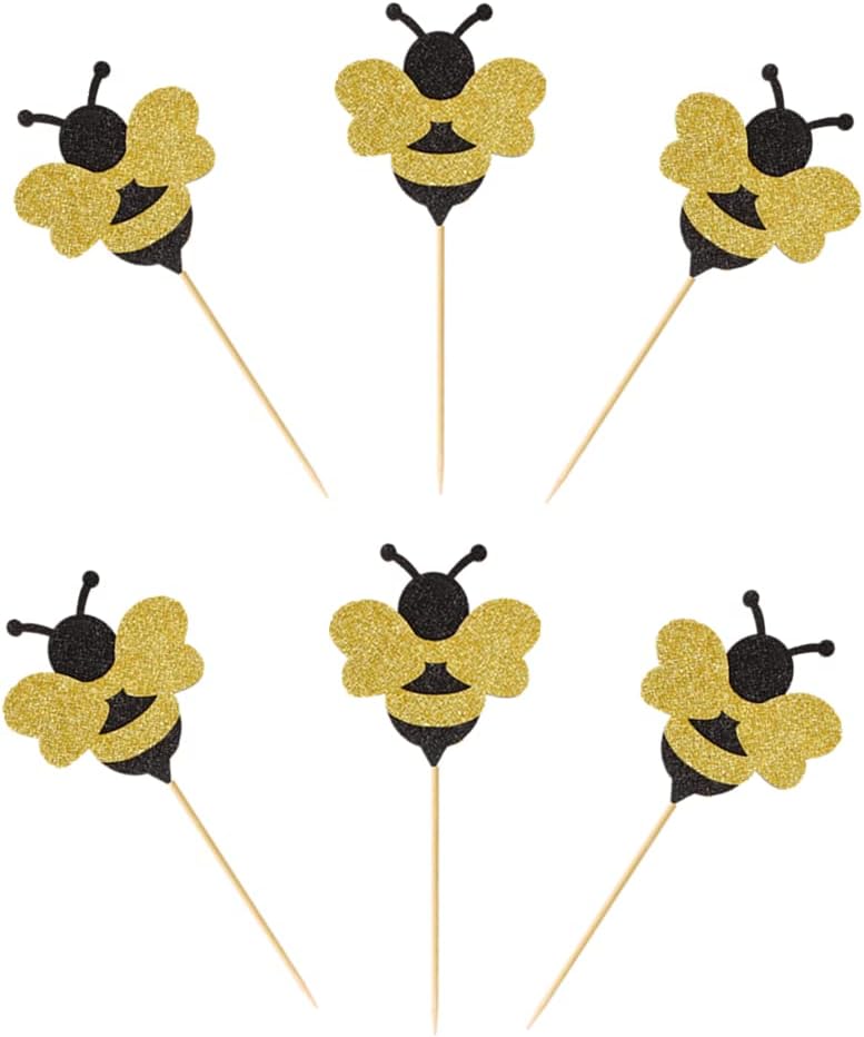 24 Pack Glitter Bumble Bee Cupcake Toppers for Gender Reveal Party Decorations and Baby Shower Party Decorations