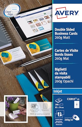 Avery Double-Sided Matt Business Cards for Inkjet Printers – 85 x 54 mm, 260gsm, Pack of 200, C32015-25