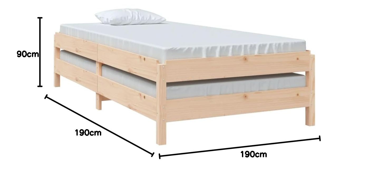 Stapelbett 90x190 cm Massivholz Kiefer, unbehandeltes Holz, platzsparend stapelbar, Robustes Bettgestell für Schlafzimmer, langlebiges Einzelbett, ideal für Gästezimmer