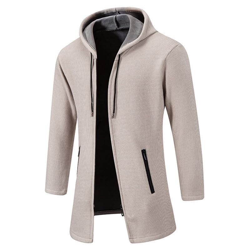 Image of Men's Long Hooded Cardigan Full Zip Winter Coat Thick Fleece Lined with Zipper Pockets