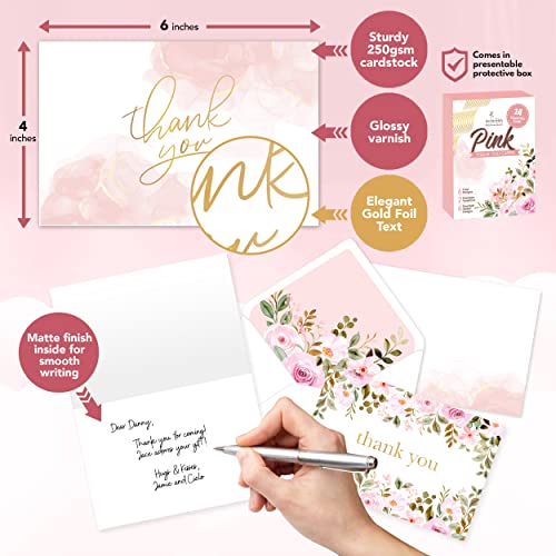 24 Gold-Foiled Pink Thank You Cards With Envelopes - 6 Designs Thank You Cards Pink And Gold, Pink Flower Thank You Cards For Baby Shower Thank You Cards Girl, Floral Thank You Cards With Envelopes #TOP2