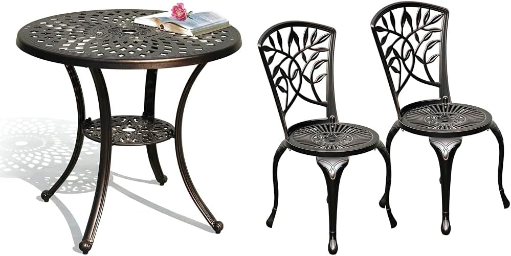 DWVO 30" Round Cast Aluminum Patio Dining Table with 2 Hammered Bronze Cast Aluminum Patio Chairs