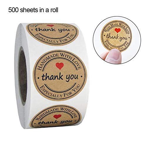 BASONG - Pegatinas de agradecimiento (1 pulgada, 500 piezas, hecho a mano con amor, etiquetas de agradecimiento, rollo de etiquetas adhesivas, forma redonda, decoración para hornear, sellado