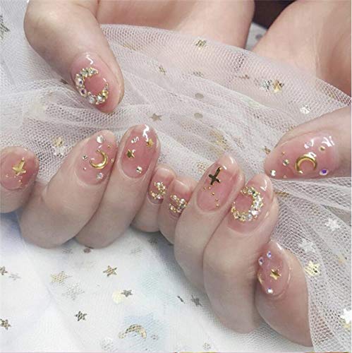 Cathercing 24 Pcs Glitter False Nails Design Medium Beauty Nails with Sequins Pattern Fake Nails Gel Tips Art Clip on Nail for Women Teen Girls Gift Prom Party Halloween (pink star moon)
