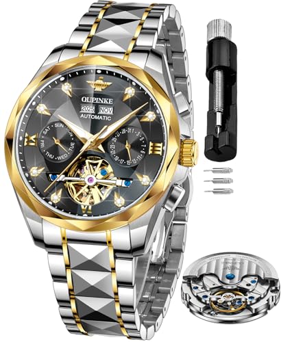OUPINKE Men's Watches Automatic Skeleton Self-Winding Original Mechanical Gold Luxury Tonneau Sapphire Crystal Waterproof Dress Gifts Wrist Watches