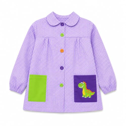 Bata Escolar Infantil De Cuadros Con Botones Y Bolsillos,Lila,3-4años