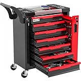AIRAJ 7-Drawers Tool Chest, Lockable Tool Box on Wheels,Tool Cart with Hidden Side Cabinet, Heavy-Duty Metal Tool Cabinet, for Garages, Workshops, Warehouses,Red and Black.