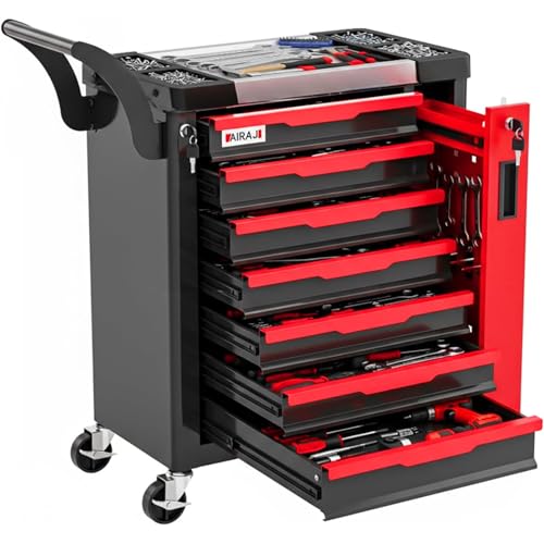 AIRAJ 7-Drawers Tool Chest, Lockable Tool Box on Wheels,Tool Cart with Hidden Side Cabinet, Heavy-Duty Metal Tool Cabinet, for Garages, Workshops, Warehouses,Red and Black.