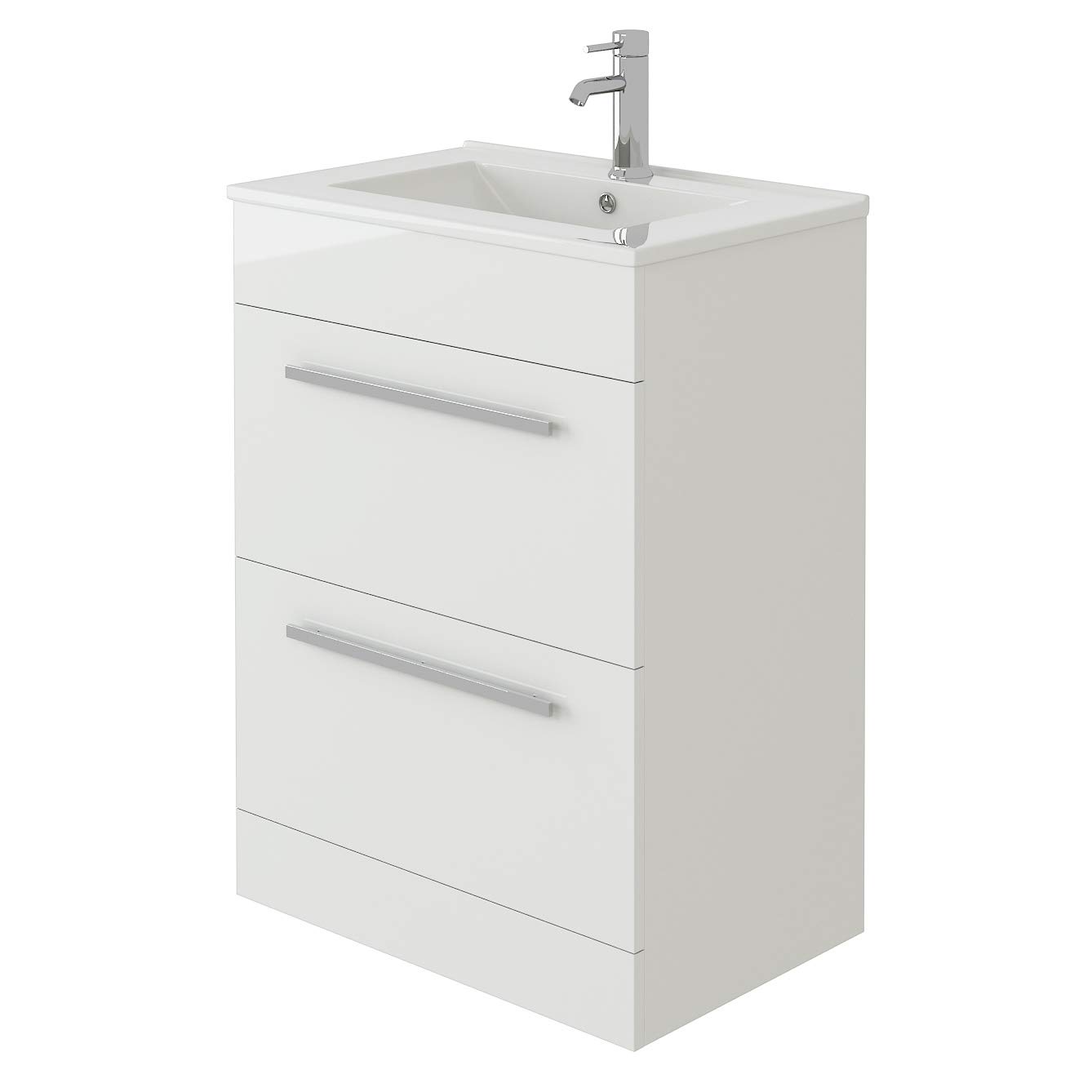 Veebath High Gloss White Venus 600 Vanity Unit, Wash Basin Bathroom Sink, Soft Close Drawer And Flap, Cloakroom Wall Mounted Storage Cabinet- White,Slim Edge (Flat Pack) Size 5