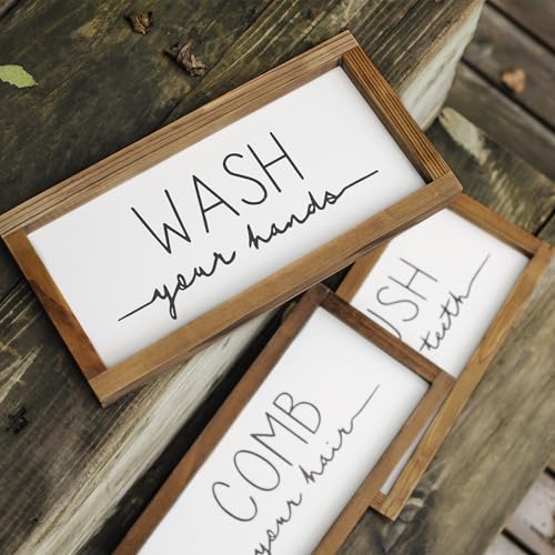 LIBWYS Bathroom Sign & Plaque (Set of 3) Wash Your Hands Brush Your Teeth Comb Your Hair Decorative Rustic Wood Farmhouse Bathroom Wall Decor (White) - Image 3