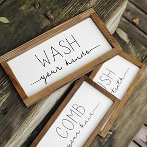LIBWYS Bathroom Sign & Plaque (Set of 3) Wash Your Hands Brush Your Teeth Comb Your Hair Decorative Rustic Wood Farmhouse Bathroom Wall Decor (White) LIBWYS Bathroom Sign Plaque Set of 3 Wash Your Hands Brush Your Teeth Comb Your Hair Decorative Rustic Wood Farmhouse Bathroom Wall Decor White