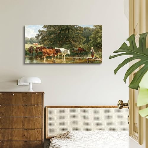 SERIMINO Landscape Wall Art Vintage Decor, Animal Cow Canvas Prints, Forest Grazing Cattle Aesthetic Pastoral Paintings, Rustic Farmhouse Wall Decor Living Room Bedroom, 20x40 Inch